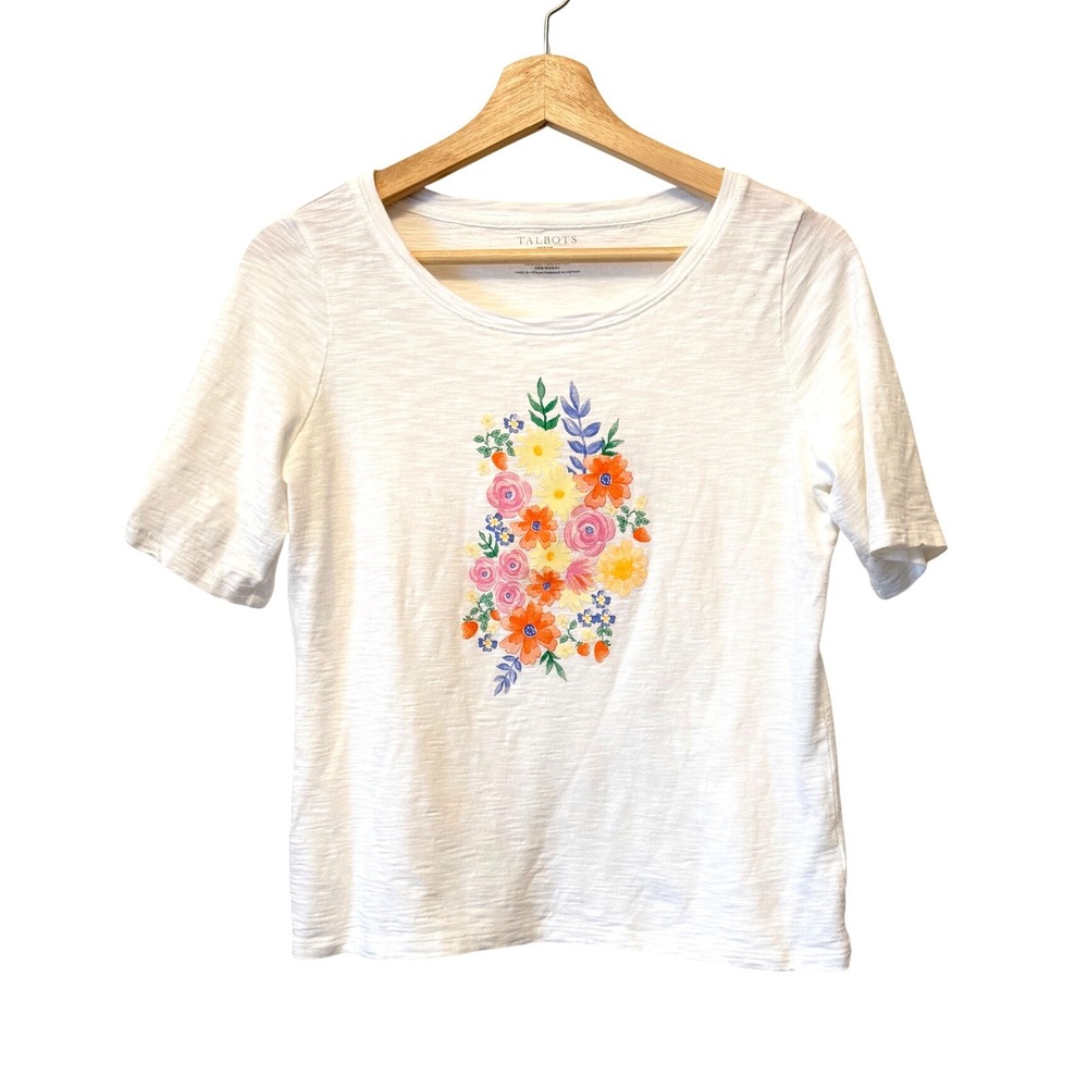 Talbots Petite Short Sleeve Slub Cotton Modal Top Sz Sp‎ White Floral T-Shirt